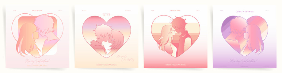 Anime Valentine's Day Romantic Gradient Cards with Cute Japanese Manga Characters. Love and Kiss Illustration Set for Posters and Banners, Social Posts.