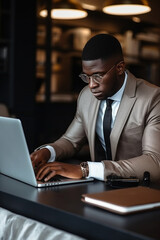 Focused African American manager dressed in elegant suit working over laptop on desk at home