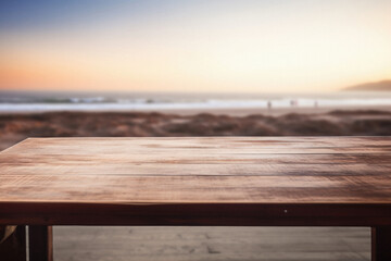 Fototapeta premium Wooden table ocean bokeh background, empty wood desk surface product display mockup with blurry sea water sunny beach abstract summer travel backdrop advertising presentation. Mock up, copy space.