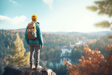 hiker with backpack standing at a viewpoint in the forest - obrazy, fototapety, plakaty