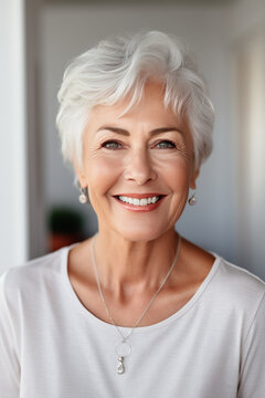 Happy senior blond old woman looking at camera with beautiful toothy smile. Close up front head shot portrait.