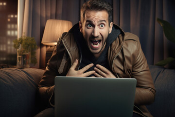 Man sit on couch hold pc on lap cover face with hands during thriller movie scary moment, cant believe in luck online lottery win crying from happiness - obrazy, fototapety, plakaty