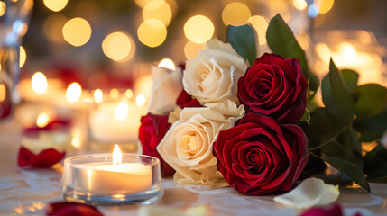 Valentine day, white and red roses laying next candles in soft candle light. 