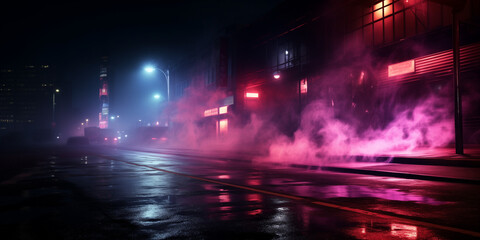 Dark empty street with neon lights spotlights and smoke floating up creating an atmospheric night view, Dark street, night smog and smoke neon light. Dark background of the night city