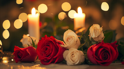 Valentine day, white and red roses laying next candles in soft candle light. 