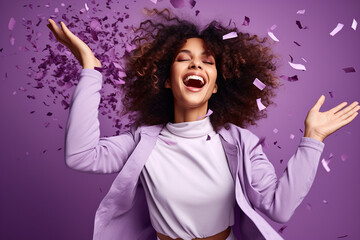 Naklejka na ściany i meble Energetic active lady dancing moving on holiday with flying confetti isolated on violet color background