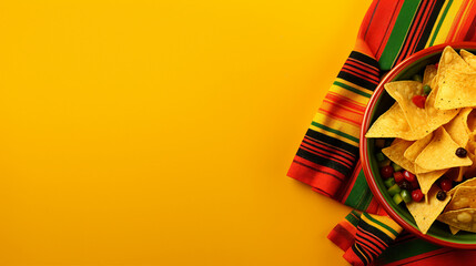 Vibrant Cinco de Mayo Celebration with Top View Photo of Nacho Chips, Salsa Sauce, Tequila, and Colorful Serape on Isolated Bright Yellow Background - Perfect for Festive Promotions and Events!
