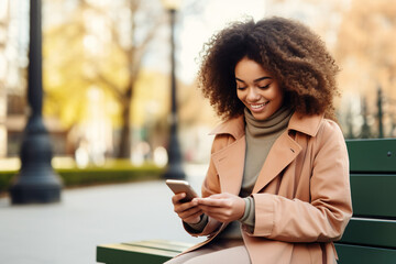 Gorgeous African American girl sitting on bench reading sms waiting friend meeting date spring outdoors - Powered by Adobe