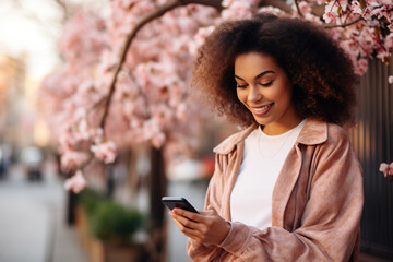 Gorgeous African American girl sitting on bench reading sms waiting friend meeting date spring outdoors - obrazy, fototapety, plakaty