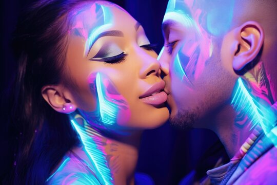 young couple with galaxythemed face paint under uv light