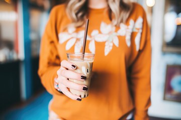 woman holding iced chai latte in a glass with a reusable straw