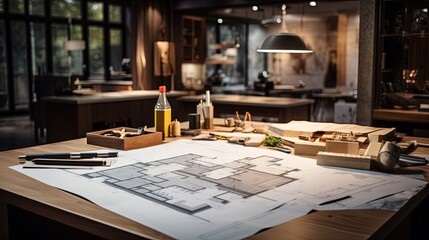 Focused workspace with detailed architectural blueprints and wooden building models, surrounded by design tools and a warm, inviting atmosphere.