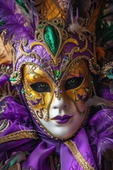 A close up view of a purple and gold mask. This image can be used for various purposes
