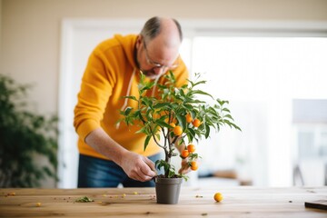 person pruning a miniature indoor citrus tree - obrazy, fototapety, plakaty