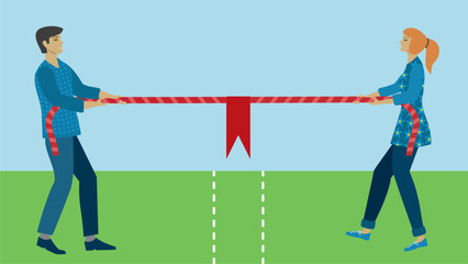Man and woman in tug-of-war competition. Dragging rope with flag. Dimension 16:9. Vector illustration. - obrazy, fototapety, plakaty