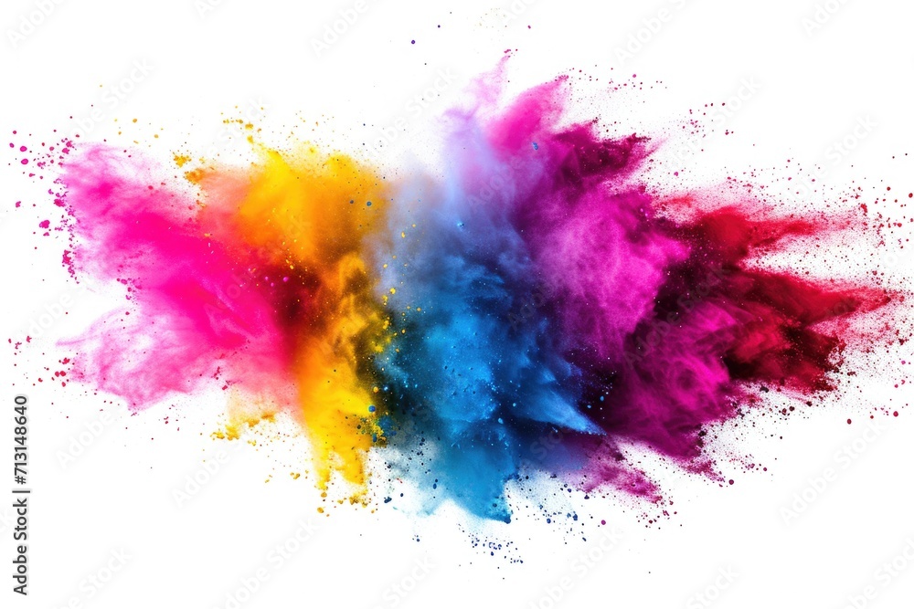 Poster Colorful powder explosion captured on a white background. Perfect for adding a vibrant and dynamic touch to any project or design