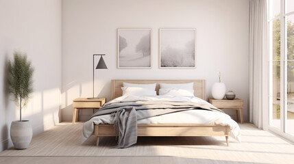 Stylish cozy beige grey and white bedroom interior design modern and minimal style, neutral colour bedroom.
