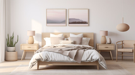 Fototapeta na wymiar Stylish cosy beige and white neutral colour bedroom interior design scandinavian minimal style.