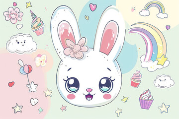 Cute Cartoon Bunny, Happy and Funny Character Design on White Background