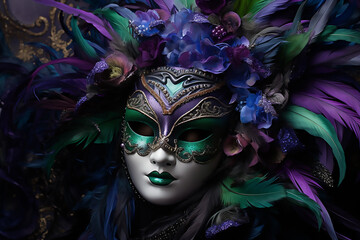 masks on the background of confetti and streamers , Venetian carnival mask with orange decorative ornaments