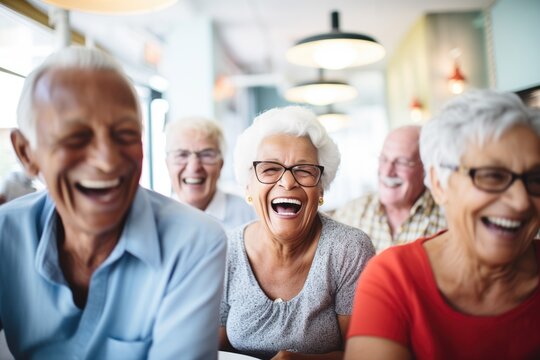 group of seniors laughing at a caf