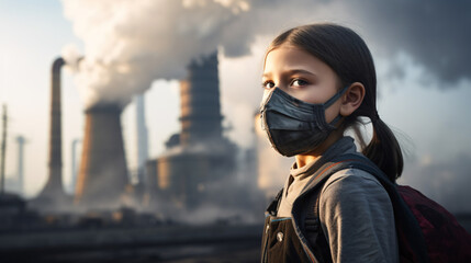 Girl wear a mask in front of coal fired power plants, air pollution and global warming concept.