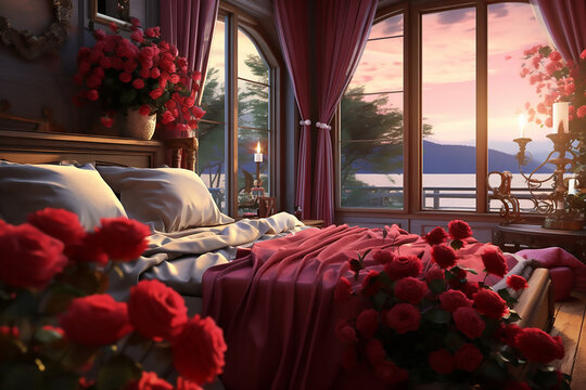 Rose petals on bed ,cozy still life of breakfast in bed for St. Valentine's Day. Coffee and cookie on a salver and red roses with his scattered petals on a bed with two pillows 