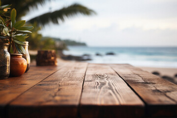 Wooden table ocean bokeh background, empty wood desk surface product display mockup with blurry sea water sunny beach abstract summer travel backdrop advertising presentation. Mock up, copy space. - Powered by Adobe