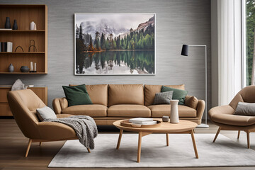 Luxurious green and brown living room interior design, stylish modern contemporary livingroom.