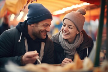 couple enjoying crepes from a market stall - obrazy, fototapety, plakaty