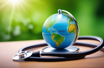 Stethoscope wrapped around globe . Save the wold, Global healthcare and Green Earth day concept. - obrazy, fototapety, plakaty