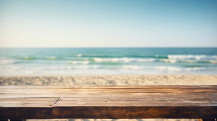 Fototapeta premium Wooden table ocean bokeh background, empty wood desk surface product display mockup with blurry sea water sunny beach abstract summer travel backdrop advertising presentation. Mock up, copy space.