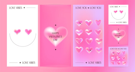 Fototapeta na wymiar Valentine's Day vertical and square backgrounds set. Trendy gradients posters layout with creative blurry hearts. Social media stories templates for digital marketing and sales promotion. Vector eps10