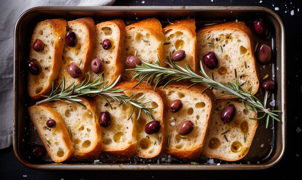 Form with slices of ciabatta with ciabatta, olives, rosemary, and salt and in olive oil, handmade design, rustic, unusual presentation, Italian cuisine.