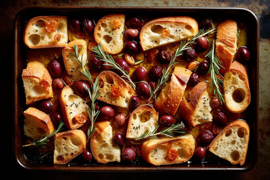 Form with slices of ciabatta with ciabatta, olives, rosemary, and salt and in olive oil, handmade design, rustic, unusual presentation, Italian cuisine.