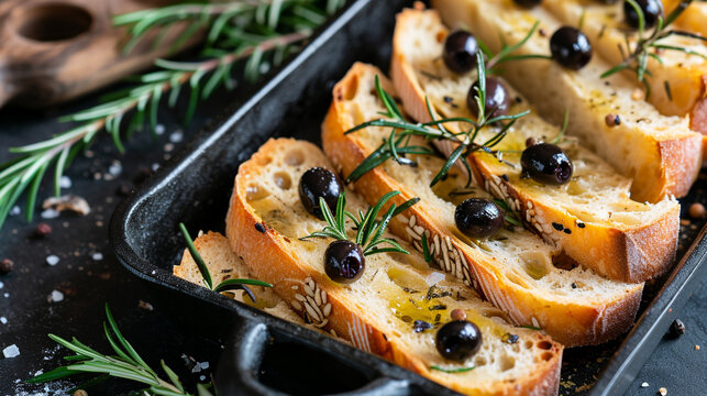 Form with slices of ciabatta with ciabatta, olives, rosemary, and salt and in olive oil, handmade design, rustic, unusual presentation, Italian cuisine.