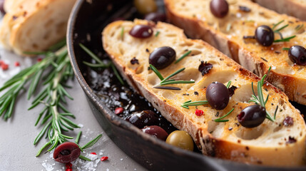 Form with slices of ciabatta with ciabatta, olives, rosemary, and salt and in olive oil, handmade design, rustic, unusual presentation, Italian cuisine.