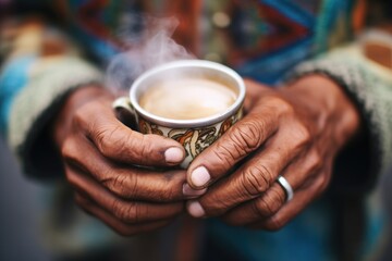 closeup of hands holding a cup of chai with steam rising - obrazy, fototapety, plakaty