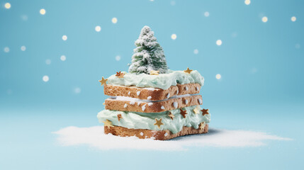 Stylish Christmas and New Year Celebrations: Creative Food Concept with Fir Branches and Festive Decorations on Pastel Blue Background - Minimalist Holiday Bliss