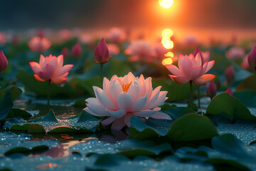Flower. Beautiful blooming water lily on the water surface. Natural colorful blurred background.