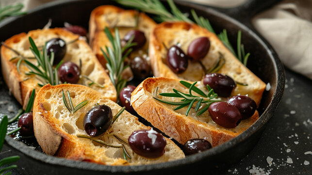 Form with slices of ciabatta with ciabatta, olives, rosemary, and salt and in olive oil, handmade design, rustic, unusual presentation, Italian cuisine.
