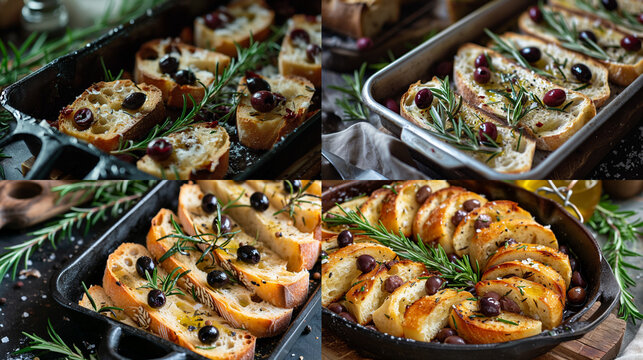 Form with slices of ciabatta with ciabatta, olives, rosemary, and salt and in olive oil, handmade design, rustic, unusual presentation, Italian cuisine.