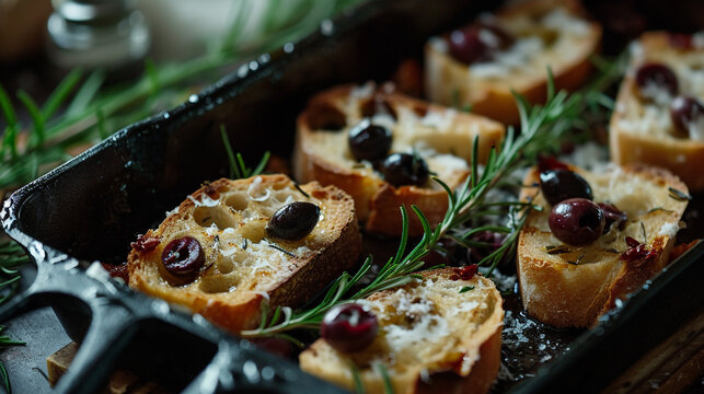 Form with slices of ciabatta with ciabatta, olives, rosemary, and salt and in olive oil, handmade design, rustic, unusual presentation, Italian cuisine.