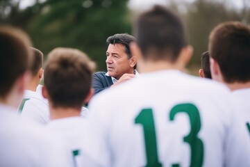 coach discussing tactics with soccer team huddle