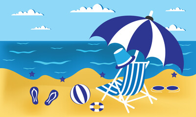 Happy summer sand beach banner of deck chair, umbrella, ball, starfish