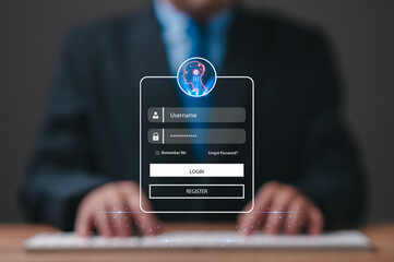 Secure login, users typing passwords navigate through a firewall, where AI-driven cybersecurity ensures data protection and guarantees secure internet access, prioritizing cyber and digital security