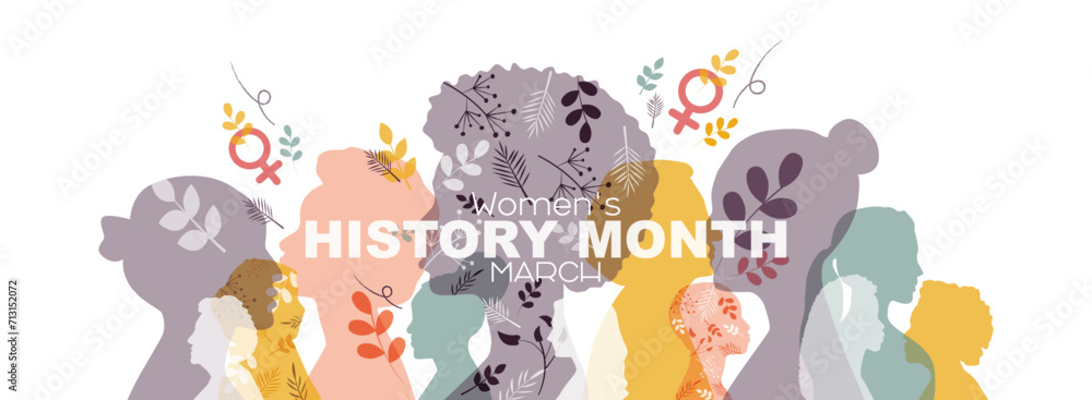 Wall mural women's history month banner. women of different ethnicities together.