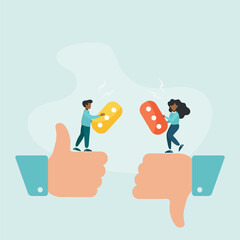 A man and a woman are arguing furiously about the difference between thumbs up and thumbs down. Conflict and dispute between colleagues, disagreements or rivalry. Vector illustration.
