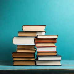 Fototapeta premium Reading Oasis: Hardcover Books Set Against a Calming Turquoise Background