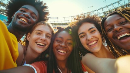 The stadium echoes with positivity as friends from diverse backgrounds support the Olympics together. - obrazy, fototapety, plakaty